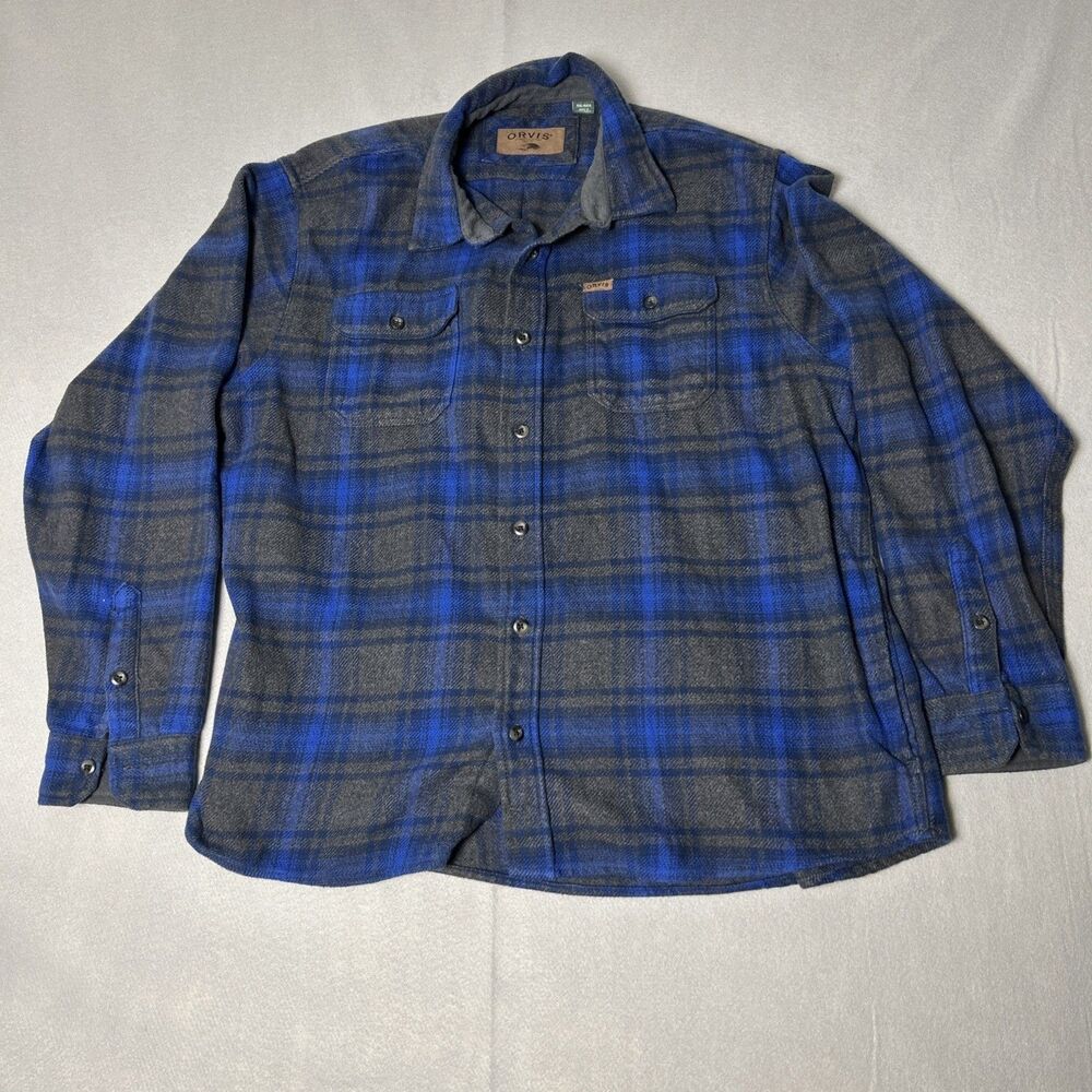 Orvis Mens Blue Gray Plaid Flannel Collared Long Sleeve Button Up Shirt Size XXL